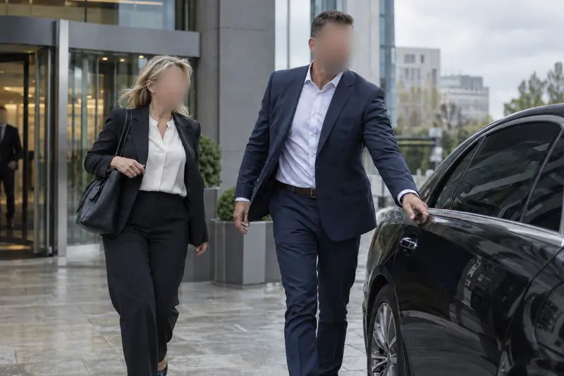 Persoonsbeveiligers begeleiden een cliënt van het gebouw naar de auto