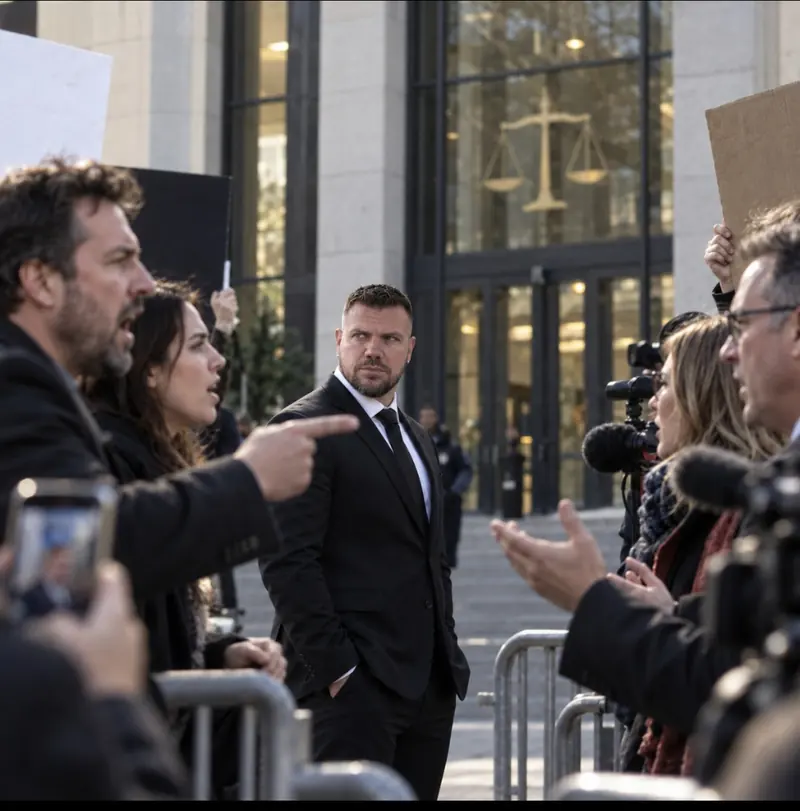 Persoonsbeveiliger houdt rustig overzicht tussen pers en publiek bij een gerechtsgebouw
